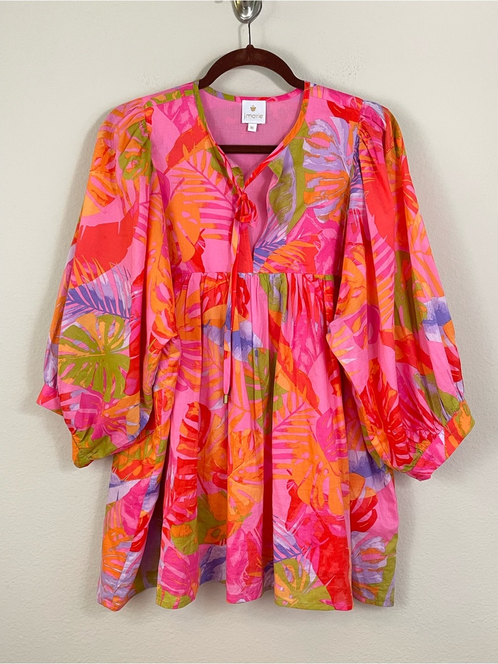 J. Marie The Eden Floral Tropical 3/4 Puff Sleeves Tunic Top Size XL Resortwear